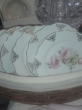 Classic Rose Floral Bone China Salad Plates - White with Pink Roses